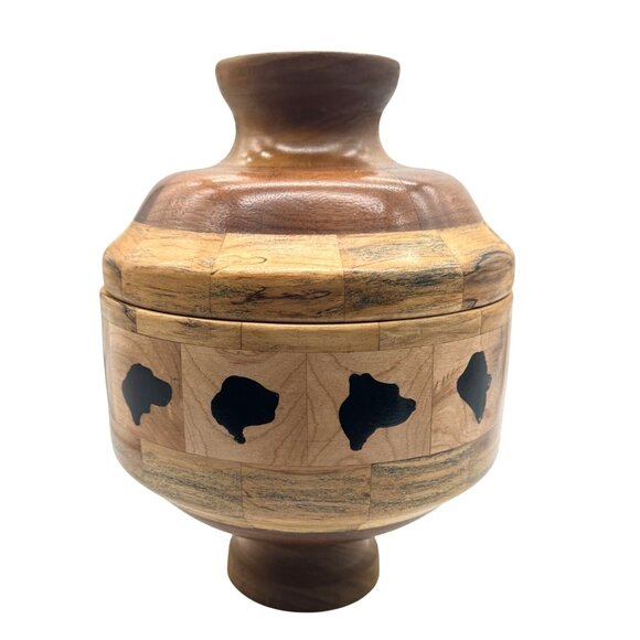 Handcrafted Wooden Urn or Container With Dog Silhouette Inlays 12"H x 9"W - Picture 3 of 7
